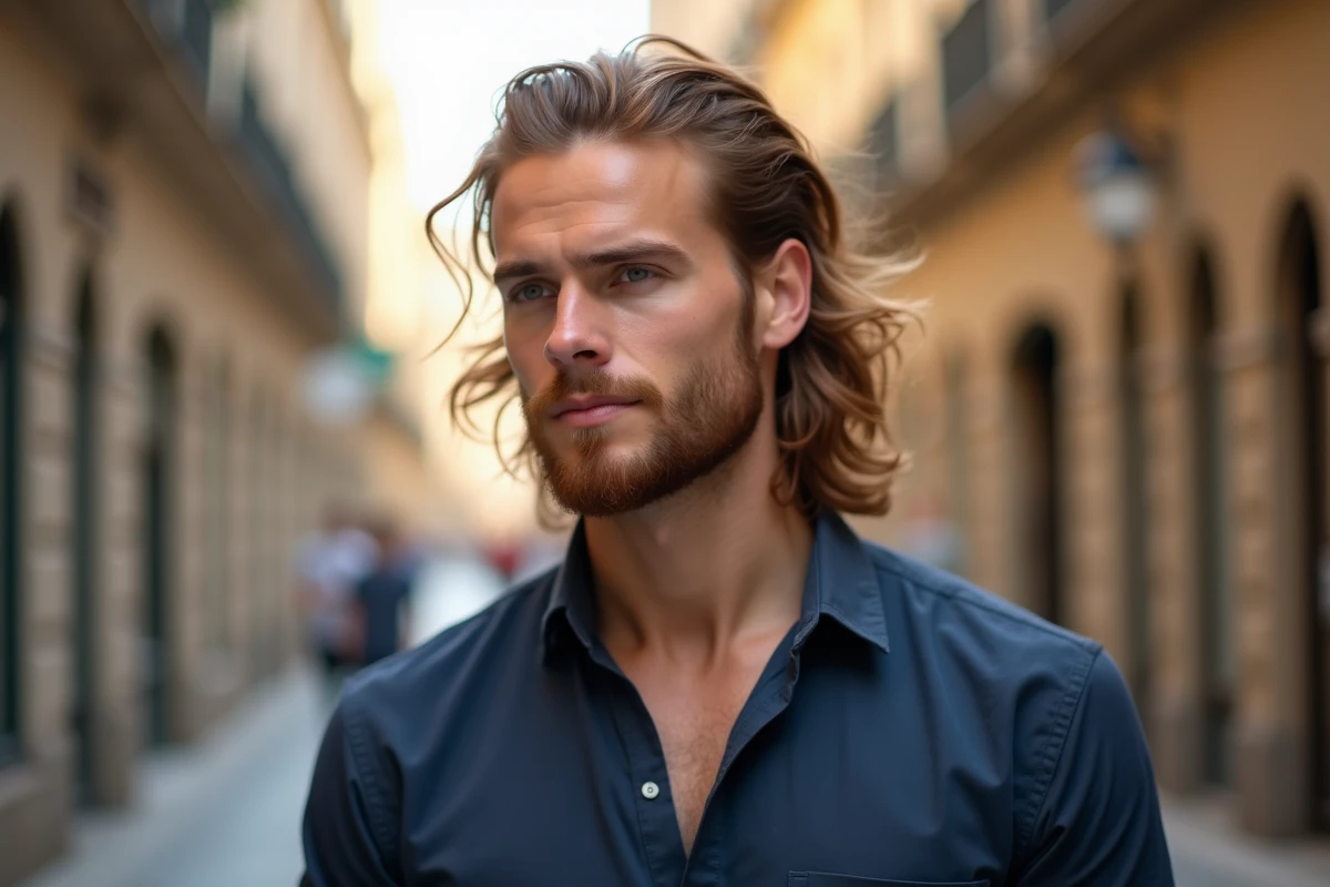 Portrait d'un homme aux cheveux ondulés longs et dégradé bas réalisé en plein air sur une rue pavée, mi-chignon révélant la coupe précise sur les tempes