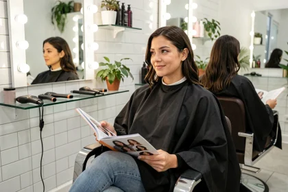 Femme détendue lors de sa première visite dans un salon de relooking moderne, feuilletant un lookbook de coiffure