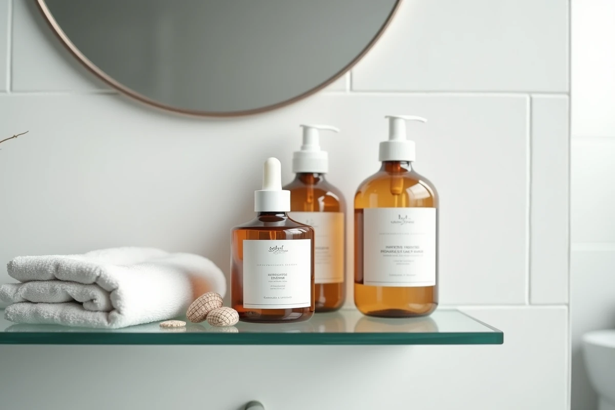 Produits capillaires anti-chute sur une étagère de salle de bain minimaliste style Lazartigue