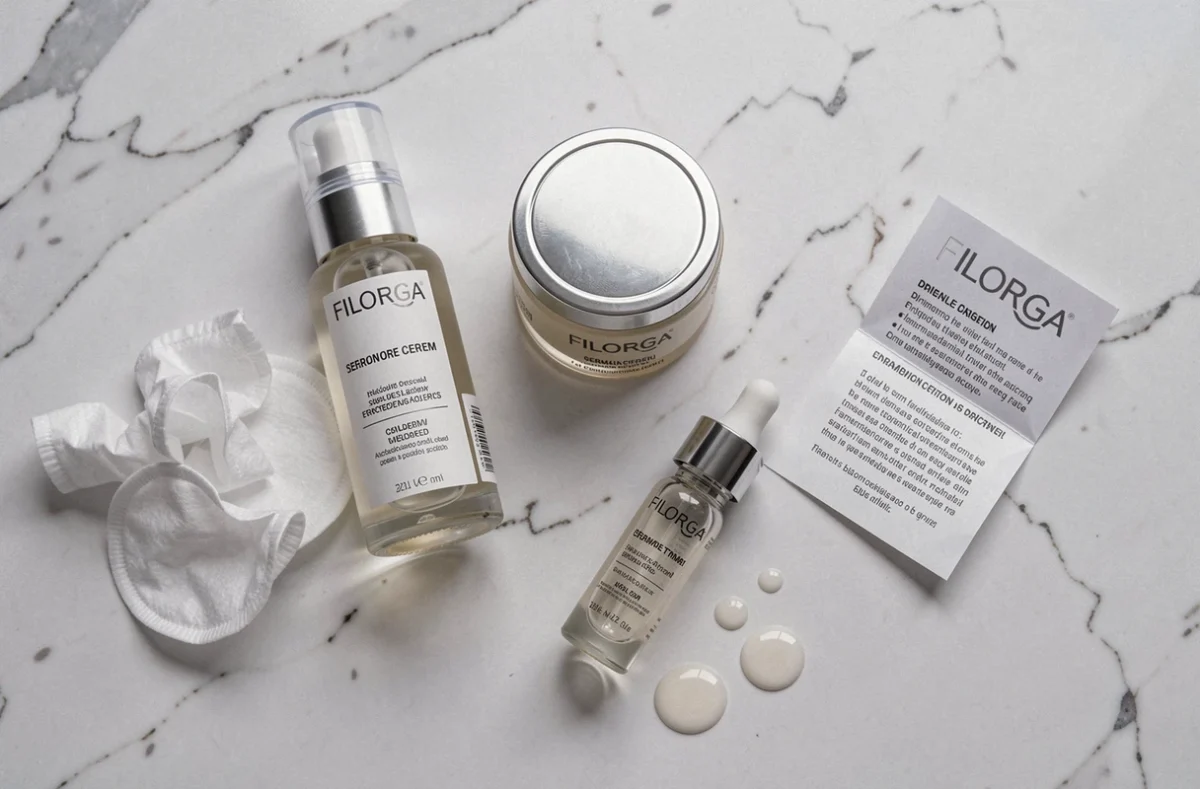 Produits de soin Filorga mal dosés disposés sur un comptoir en marbre avec notice et coton froissé