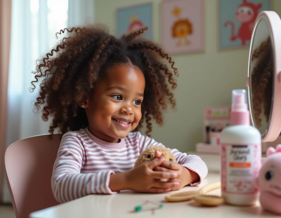 Gros plan sur les boucles d'une petite fille devant une coiffeuse avec des produits capillaires pour cheveux bouclés