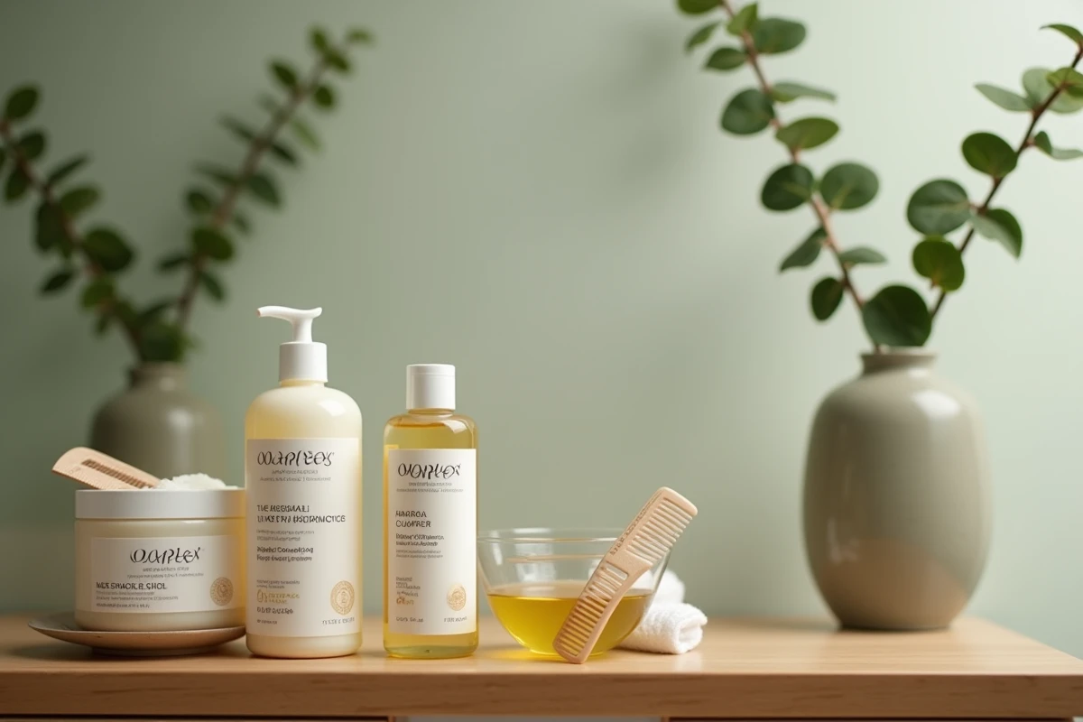 Produits de soin capillaire dont Olaplex disposés sur une étagère en bois dans une salle de bain épurée pour réparer les cheveux après décoloration
