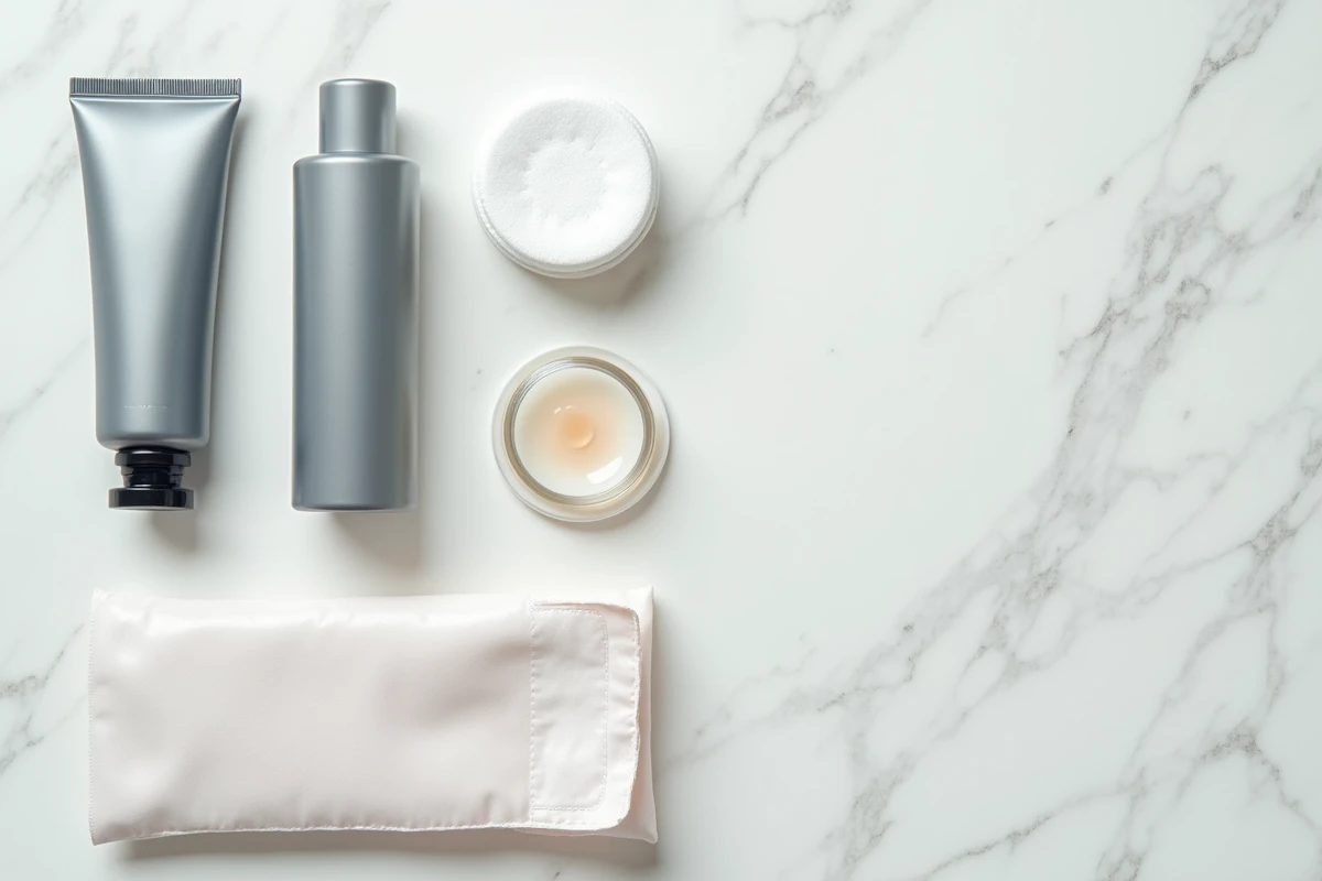 Produits de soin pour peau sensible disposés sur un comptoir en marbre blanc incluant crème dépilatoire et accessoires de test cutané