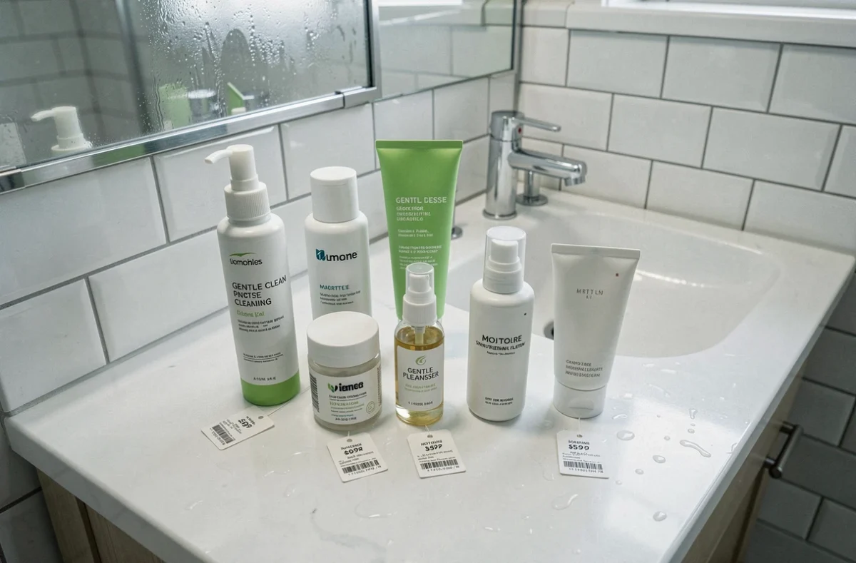 Produits de soin abordables pour peau sensible et rosacée disposés sur un comptoir de salle de bain