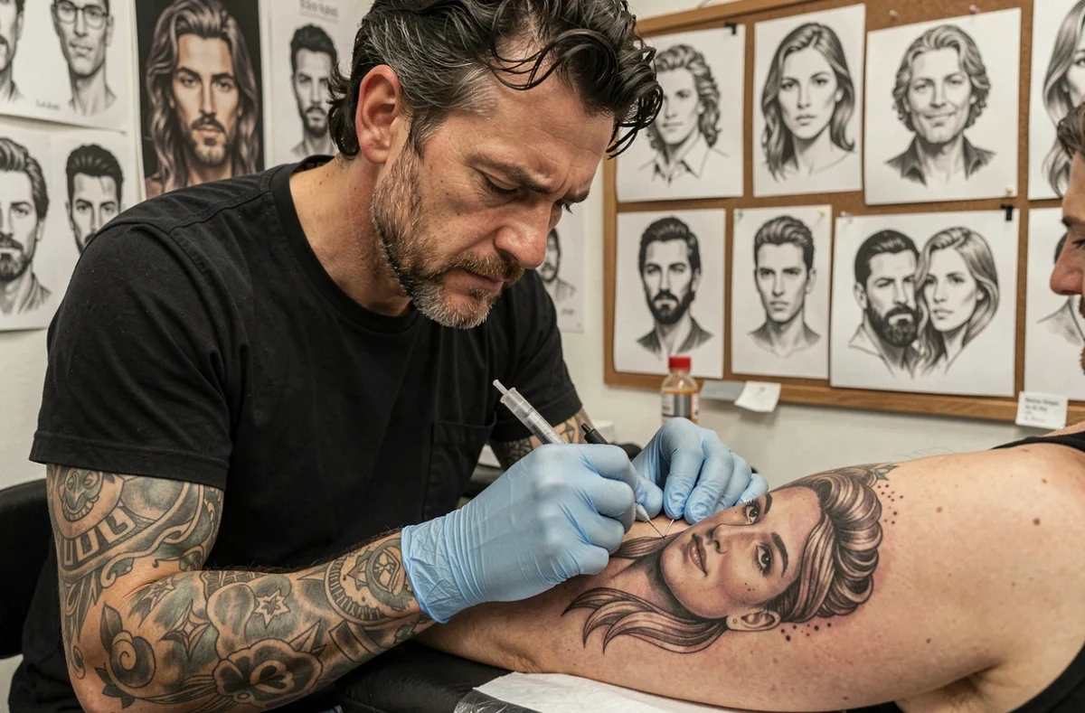 Rafael Jraw, tatoueur réaliste près de Lyon, appliquant un portrait hyper-réaliste sur le bras d'un client avec une technique de lignes fines dans son studio