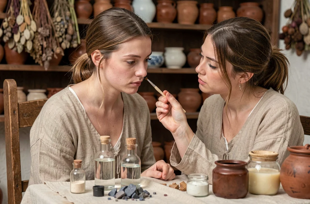 Deux femmes recréant ensemble un maquillage médiéval historique avec du khôl et des ingrédients cosmétiques d'époque dans un atelier d'apothicaire reconstitué