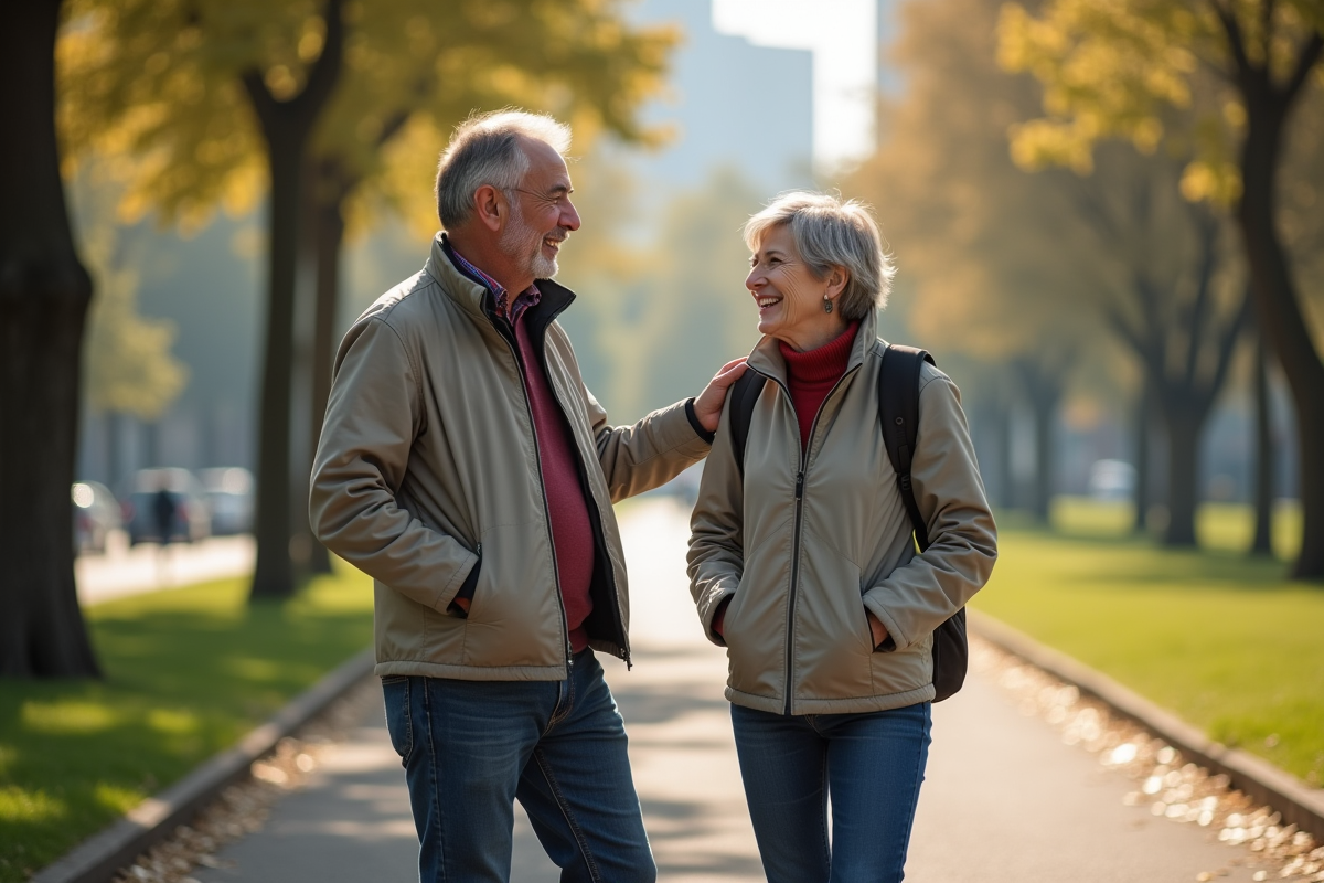 Homme et femme riant dans un parc en plein air