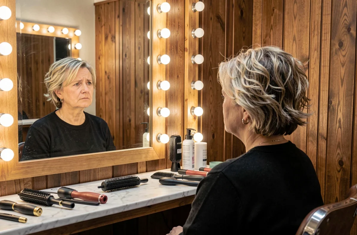 Femme examinant le résultat raté d'une mini vague sur cheveux fins courts dans le miroir du salon de coiffure