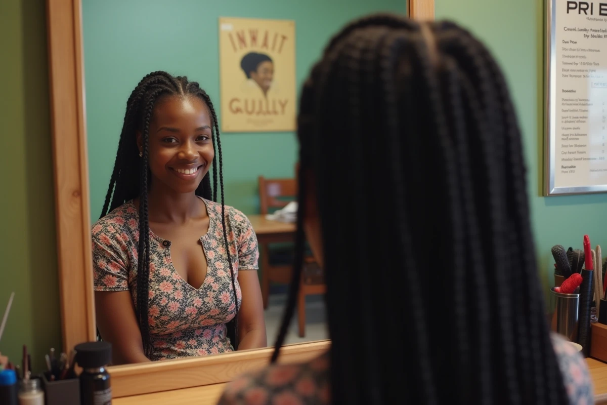 Femme admirant ses tresses afro finies dans un miroir de salon de coiffure économique