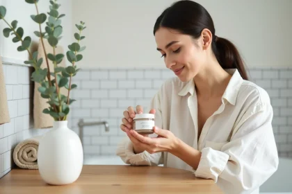 Jeune femme inspectant un soin naturel en pot sur une coiffeuse en bois dans une salle de bain minimaliste pour une routine beauté clean