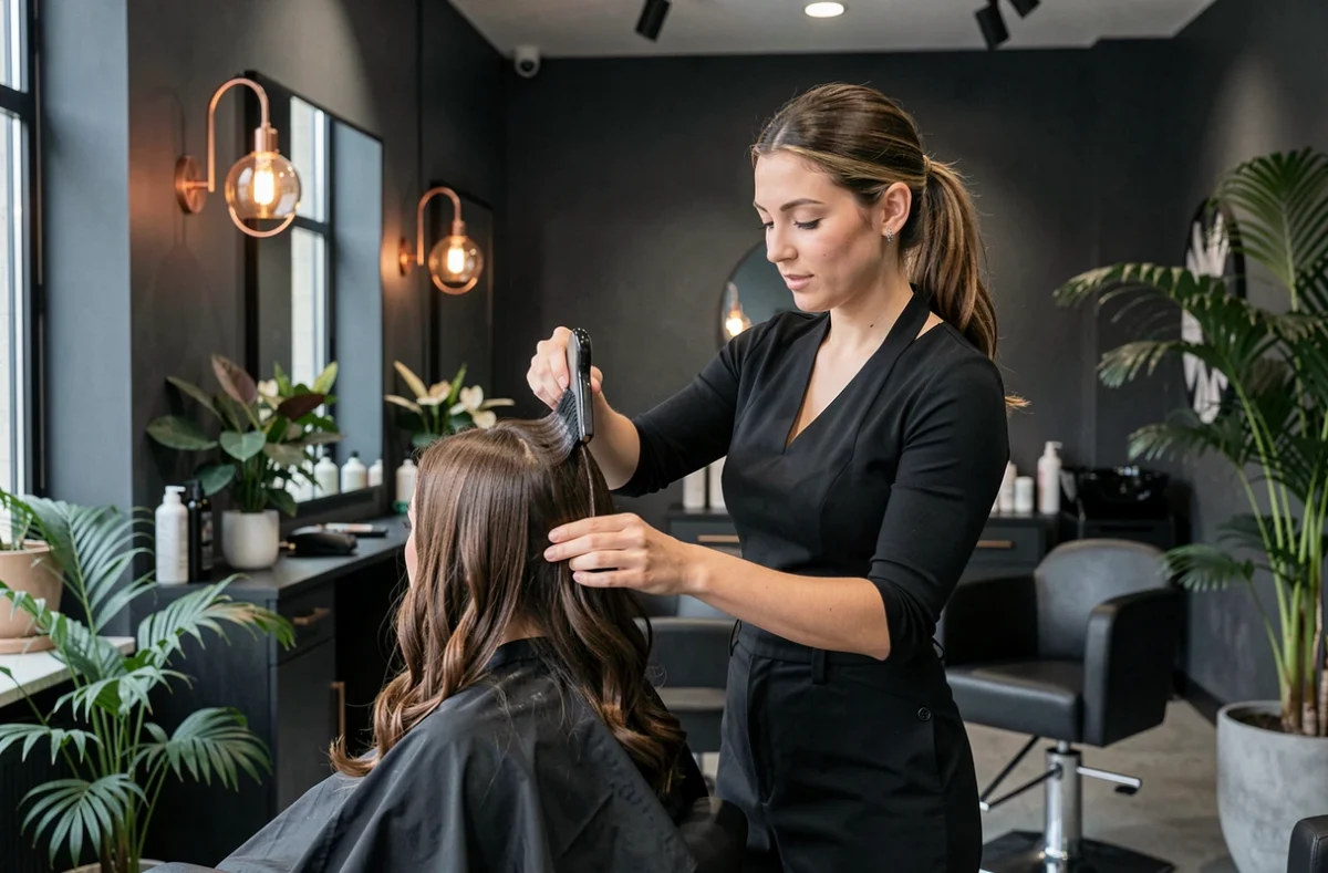 Salon Sanctu Hair à Valenciennes avec une coiffeuse appliquant un soin colorant dans un intérieur sombre et élégant