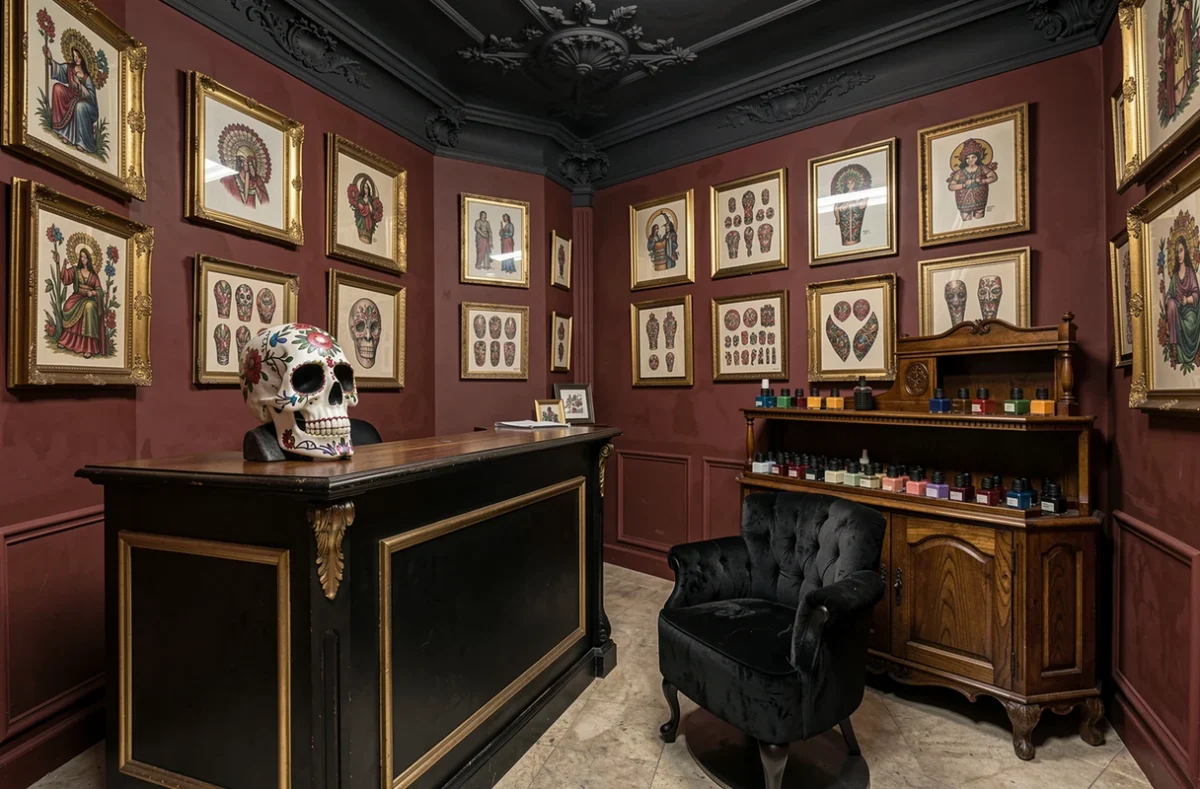 Intérieur du salon Santa Sangre Tattoo à Clermont-Ferrand avec décor gothique et mexicain, crâne en sucre, art populaire mexicain encadré et chaise en velours noir