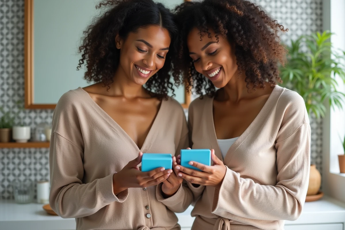Deux femmes aux carnations différentes comparant un savon Nila bleu dans une salle de bain avec carrelage zellige