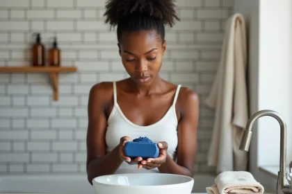 Femme à peau foncée tenant un savon Nila bleu au-dessus d'un lavabo en céramique dans une salle de bain minimaliste