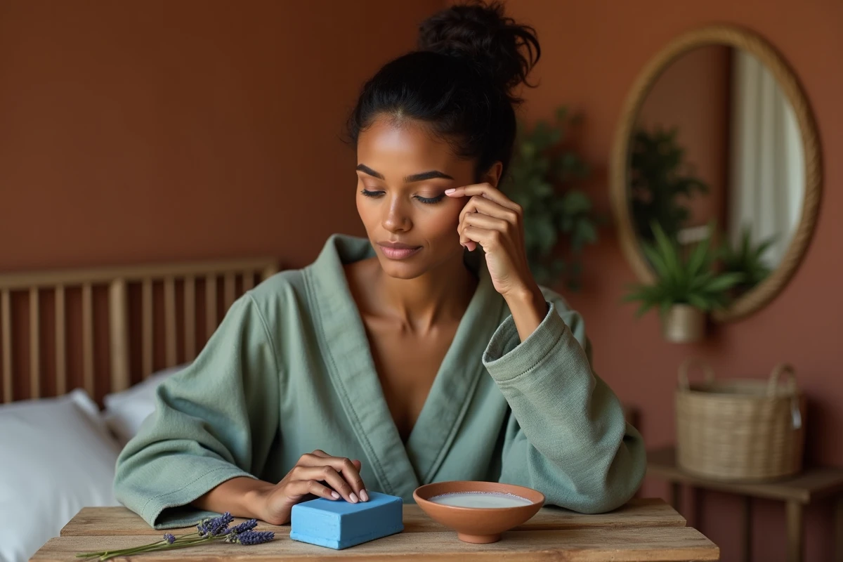 Femme à peau mate assise devant une coiffeuse en bois avec un bloc de savon Nila bleu et des produits de soin naturels