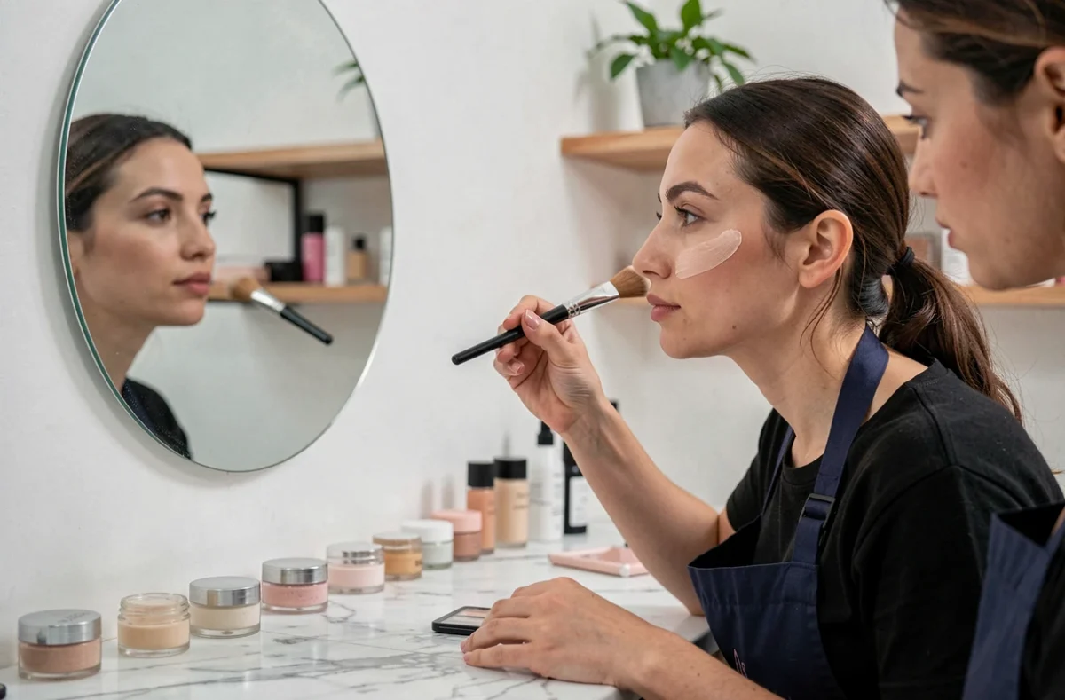 Séance de maquillage professionnelle pour un premier relooking beauté dans un studio minimaliste