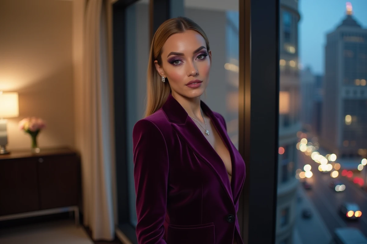 Femme élégante arborant un smoky eye violet profond avec blazer en velours prune dans une suite d'hôtel moderne