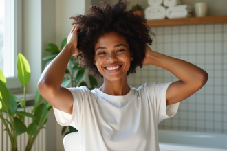 Jeune femme noire appliquant un soin capillaire naturel