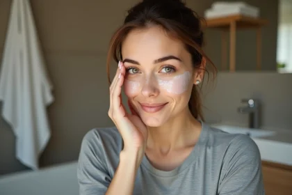 Femme se massant le contour des yeux dans une salle de bain moderne