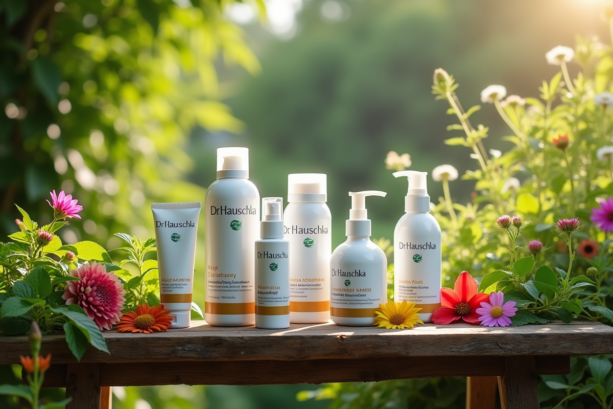 Produits de soin Dr Hauschka dans un jardin médicinal verdoyant et fleuri