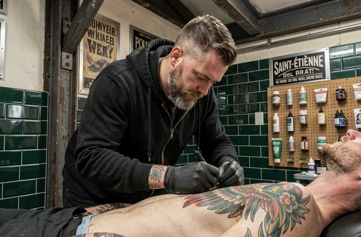Tatoueur de Spektral à Saint-Étienne concentré sur l'application d'un tatouage néo-traditionnel d'oiseau sur les côtes d'un client dans un studio à l'esthétique industrielle