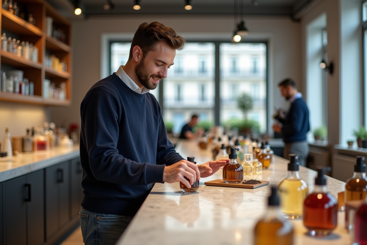 Jeune homme créant parfum dans un studio parisien moderne
