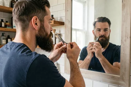 Homme taillant sa barbe longue avec des ciseaux professionnels devant un miroir de salle de bain