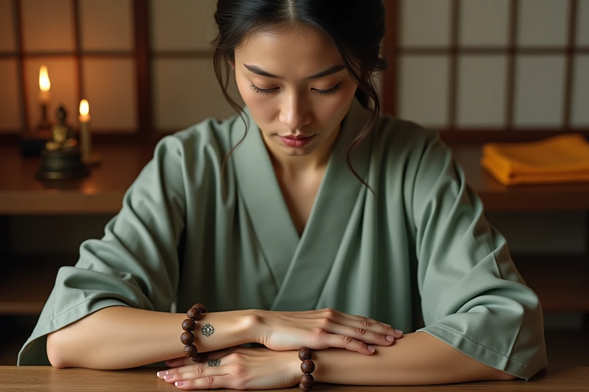 Femme avec un tatouage bouddhiste roue du dharma au poignet tenant un chapelet en bois dans une pièce japonaise traditionnelle avec autel