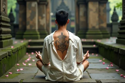 Homme asiatique avec un tatouage bouddhiste Sak Yant dans le dos assis en méditation sur les marches d'un temple thaïlandais ancien