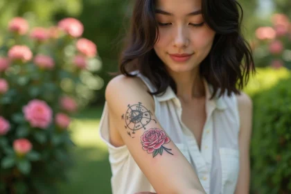 Femme montrant un tatouage floral de rose avec symboles astrologiques sur l'avant-bras dans un jardin botanique