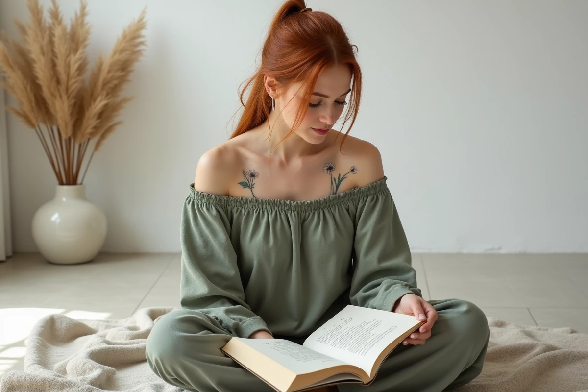 Femme lisant un livre sur la symbolique des fleurs et du zodiaque avec un tatouage floral sur l'épaule dans un intérieur minimaliste