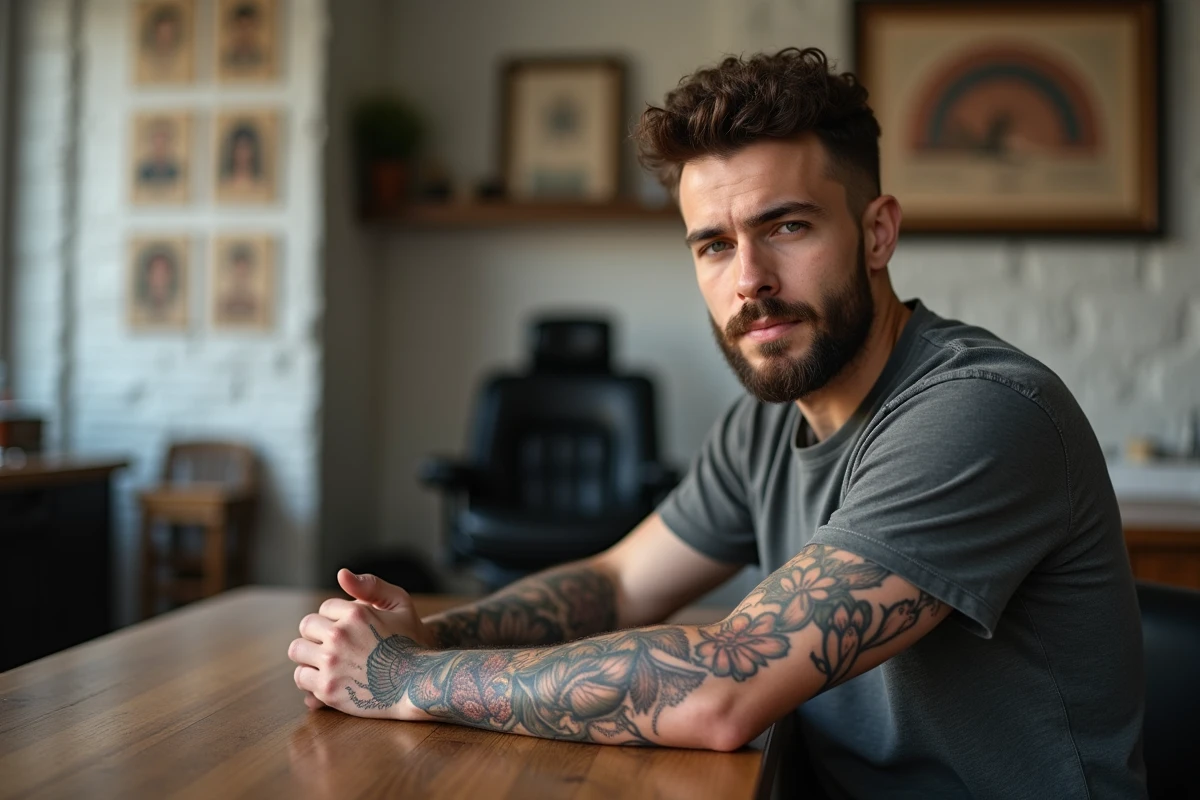 Homme dans un studio de tatouage présentant un tatouage botanique lotus avec constellation zodiacale sur le bras