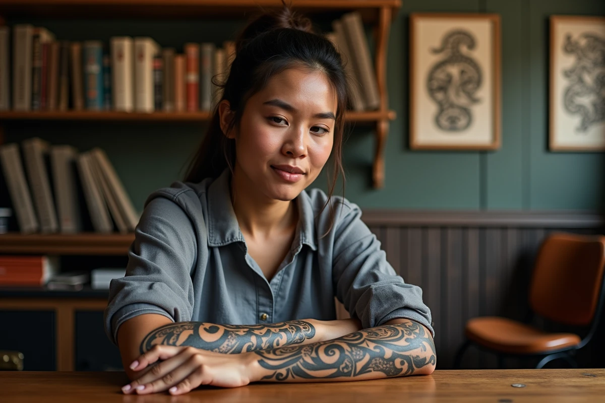 Femme aux tatouages Ta Moko maori sur l'avant-bras, assise dans un studio de tatouage traditionnel orné de références culturelles autochtones