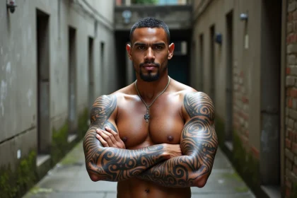 Homme aux bras couverts de tatouages tribaux polynésiens traditionnels, dans une cour urbaine en béton brut, symbolisant la rencontre entre art ancestral et modernité
