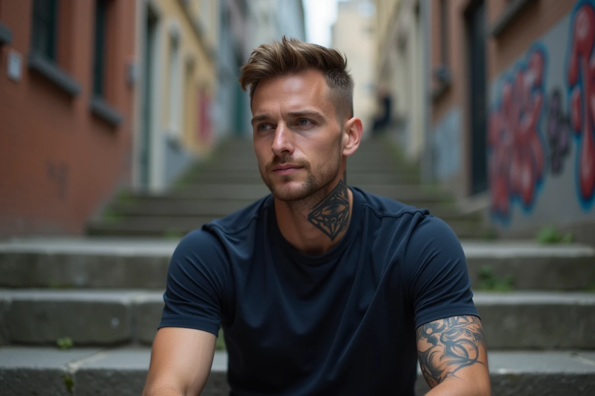 Tatouage trois triangles sur le cou d'un homme assis sur des marches en pierre dans une ruelle urbaine
