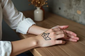 Tatouage trois triangles sur la main d'une jeune femme posée sur une table en bois dans un café minimaliste