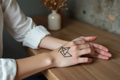 Tatouage trois triangles sur la main d'une jeune femme posée sur une table en bois dans un café minimaliste
