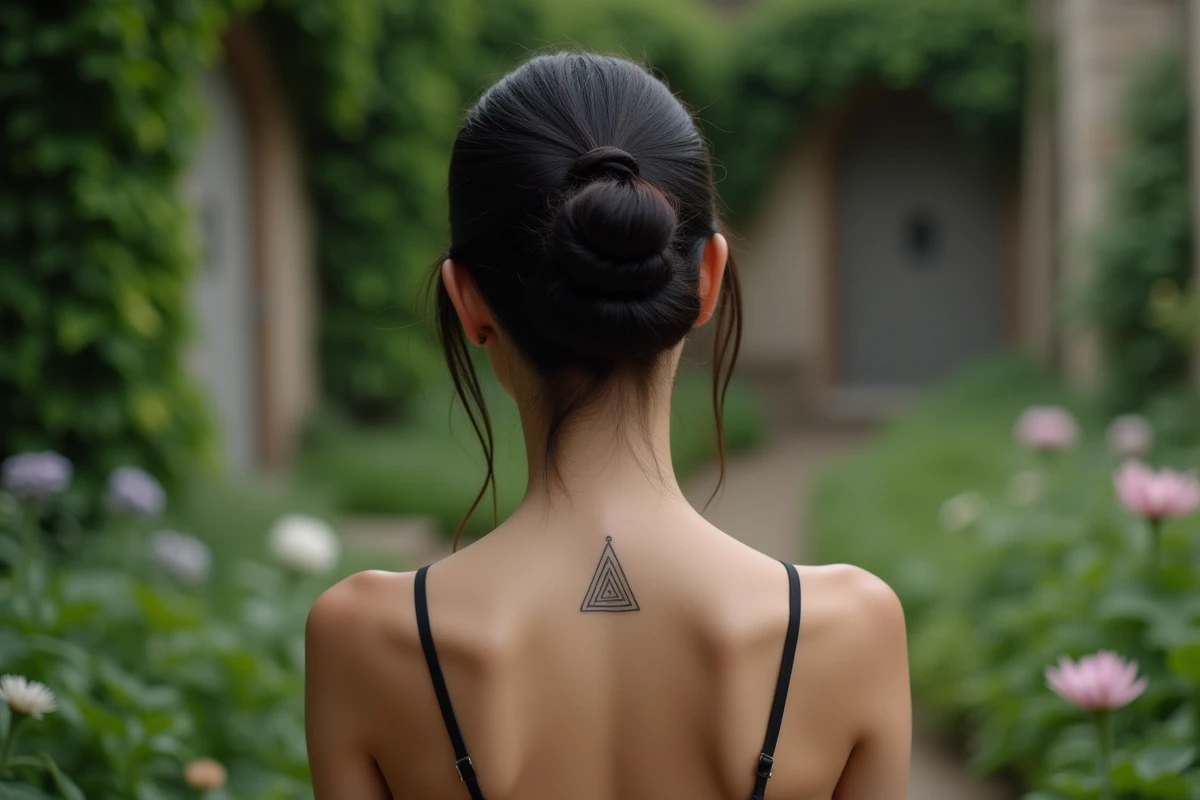 Tatouage trois triangles sur la nuque d'une femme aux cheveux relevés dans un jardin avec mur de pierre couvert de lierre