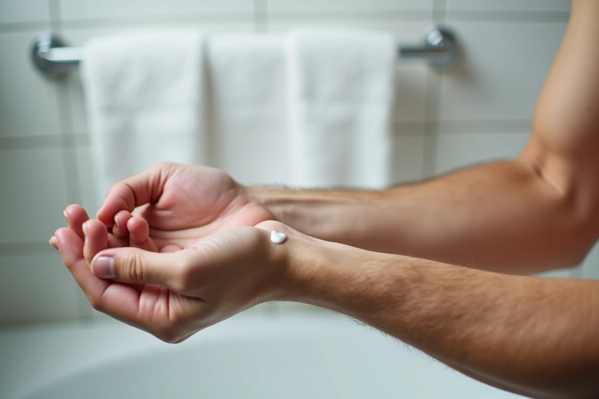 Gros plan d'un test cutané sur l'avant-bras masculin avec application d'une petite quantité de crème dépilatoire pour tester la sensibilité de la peau