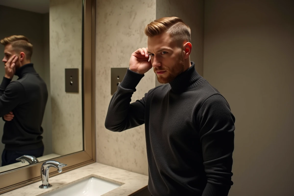 Homme élégant avec undercut et reflets blonds dorés se coiffant dans un miroir de bureau haut de gamme