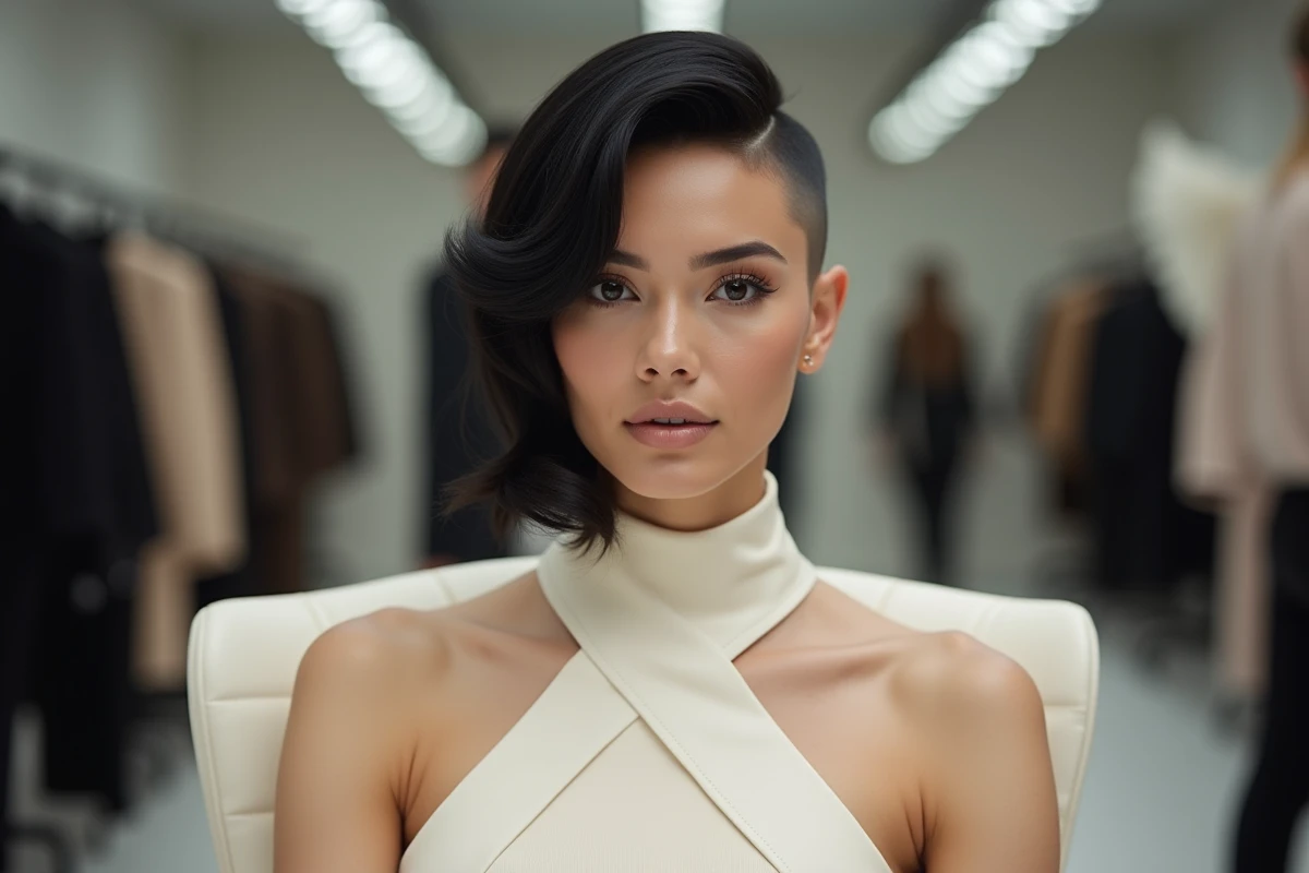 Femme avec un undercut sculpté noir et un volume sur le dessus photographiée en coulisses d'un défilé, coupe tendance 2026