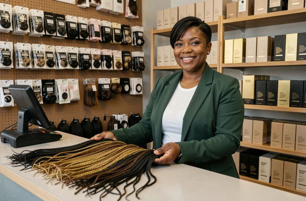 Propriétaire d'un magasin afro présentant des mèches pour tresses bohèmes sur le comptoir de sa boutique