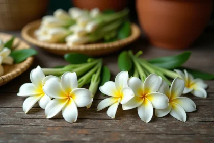 Comparaison entre un vrai jasmin de Bali aux pétales translucides et une imitation plastique brillante posés côte à côte sur une surface en bois dans un marché traditionnel balinais